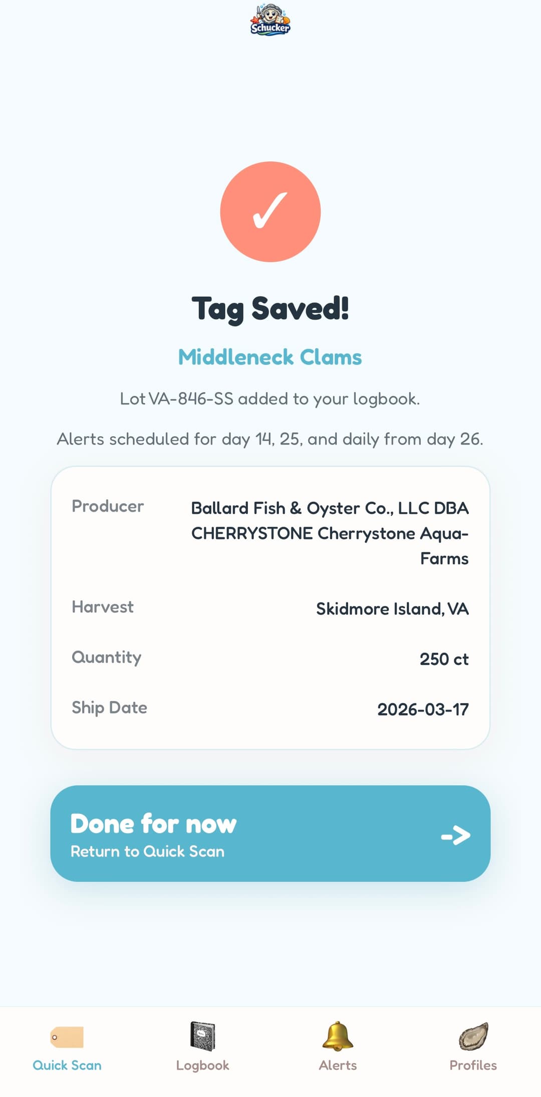 Shucker tag saved confirmation screen